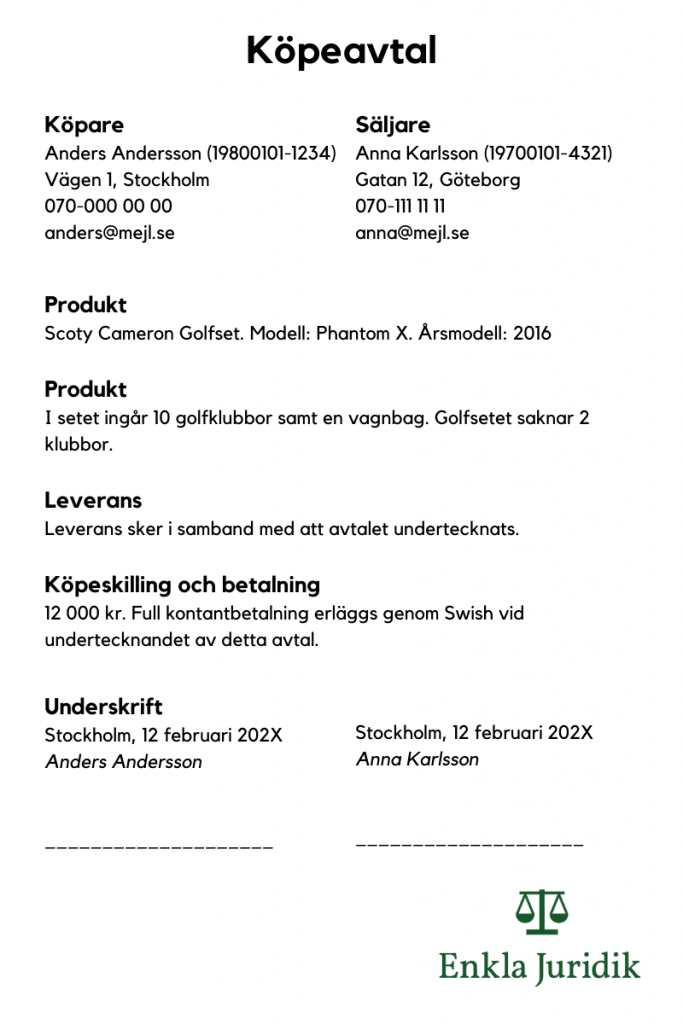 Exempel på köpeavtal